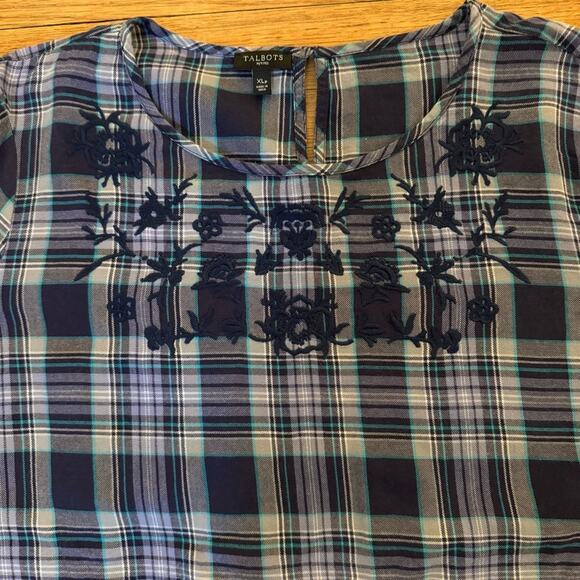 Talbots purple plaid scalloped trim embroidered blouse shirt top size XLP 
b17 - Picture 3 of 4